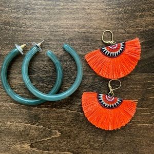 Anthropologie statement earring bundle hoops orange embroidered fringe fans